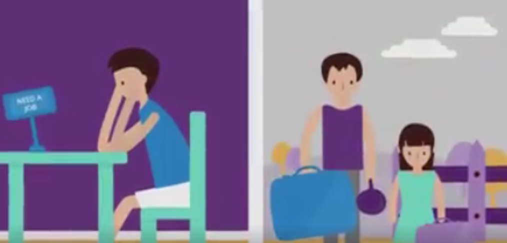 Screen shot of two parallel scenes from the explainer video showing a person to the left sitting on a table, and to the right, a father leaving with his daughter