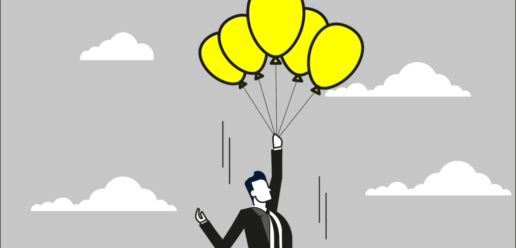 illustration of man with balloons carrying him up the sky