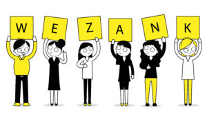 wezank team illustration holding the letters of the company