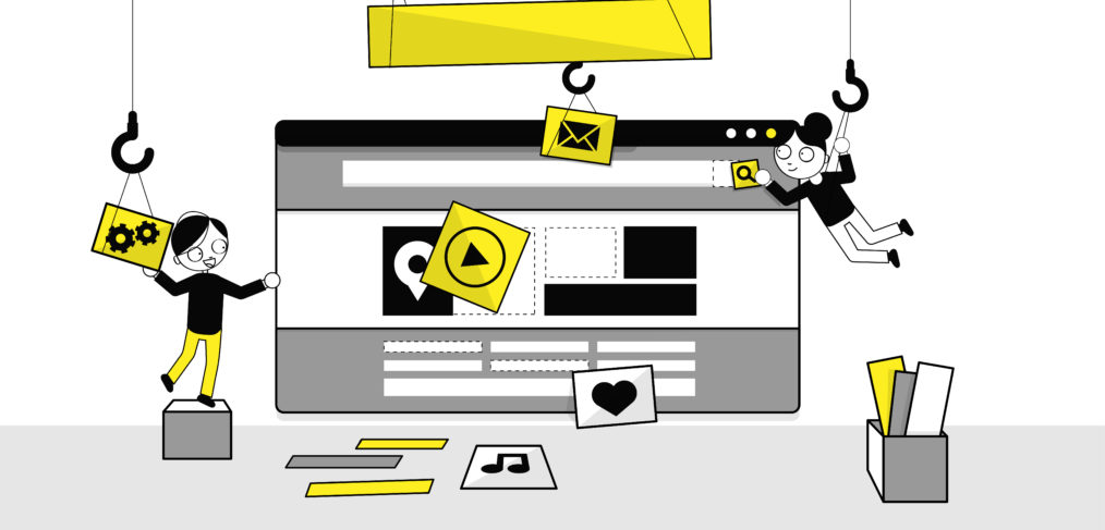 illustration of characters on a landing page of a website