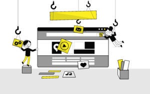 illustration of characters on a landing page of a website